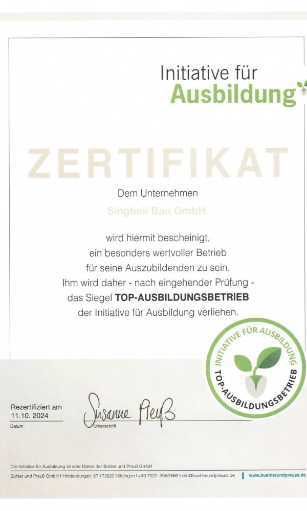 Zertifikat Initiative für Ausbildung